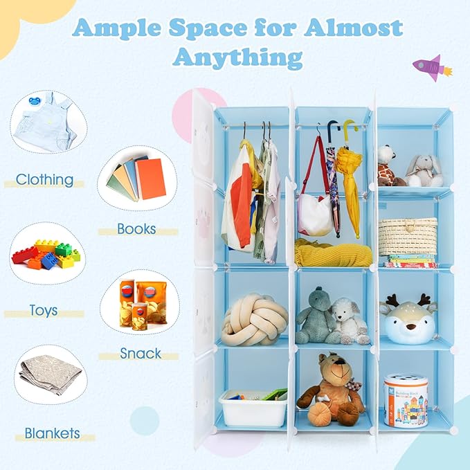 INFANS Children Wardrobe, Kid Closet Portable Baby Dresser Cute for Kids Bedroom Nursery Armoire with Doors 12 Cube 2 Hanging Sections, Kid Clothes Storage Organizer