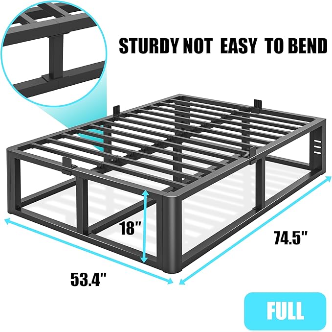 Metal Heavy Duty 18 inch Full Bed Frame with Rounded Corner and Headboard Hole Mattress Retainers 3500 LBS No Box Spring Needed Platform Noise Free Easy Assembly