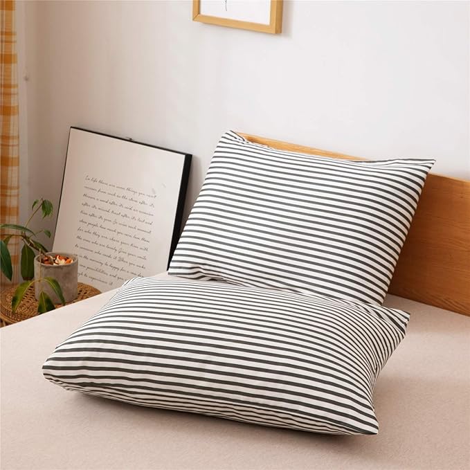 JELLYMONI 100% Natural Cotton 3pcs Striped Duvet Cover Sets,White Duvet Cover with Dark Grey Stripes Pattern Printed Comforter Cover,with Zipper Closure & Corner Ties(Full Size)
