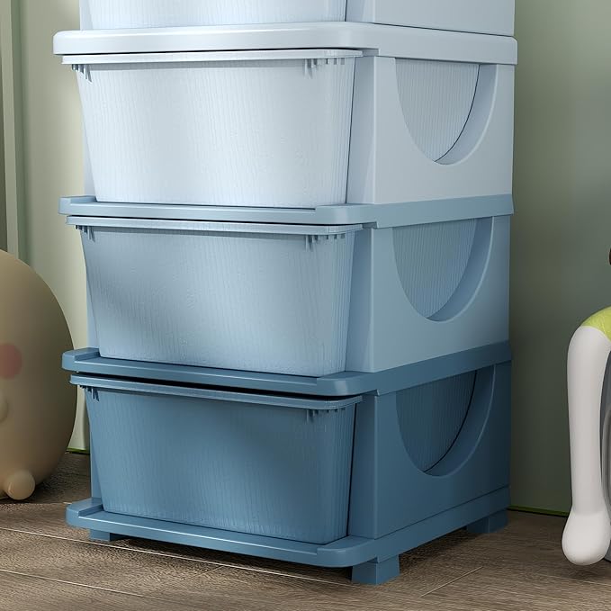 Qaba 4 Tier Kids Storage Unit, 4 Drawer Chest Toy Organizer Plastic Bins for Kids Bedroom Nursery Kindergarten Living Room for Boys Girls Toddlers, Blue