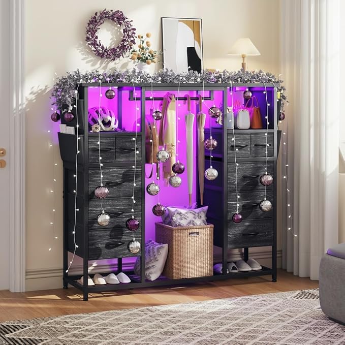 51.2" H Black Dresser with Hanging Rack, 10 Drawers Dresser for Bedroom, Fabric Chest of Drawers with LED Lights & Charging Station, Wooden Top & Sturdy Frame, Black