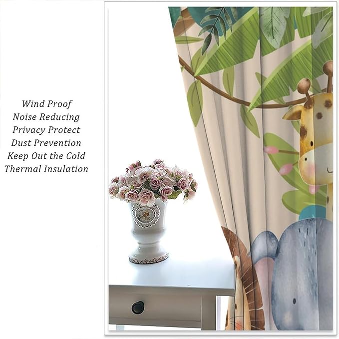 Jungle Animals Curtains Colorful Forest Cartoon Wildlife Lion Giraffe Elephant for Kids Boys Girls Nursery Bedroom Living Room Blackout Rod Pocket Decoration Window Drapes 2 Panels W26xL84in