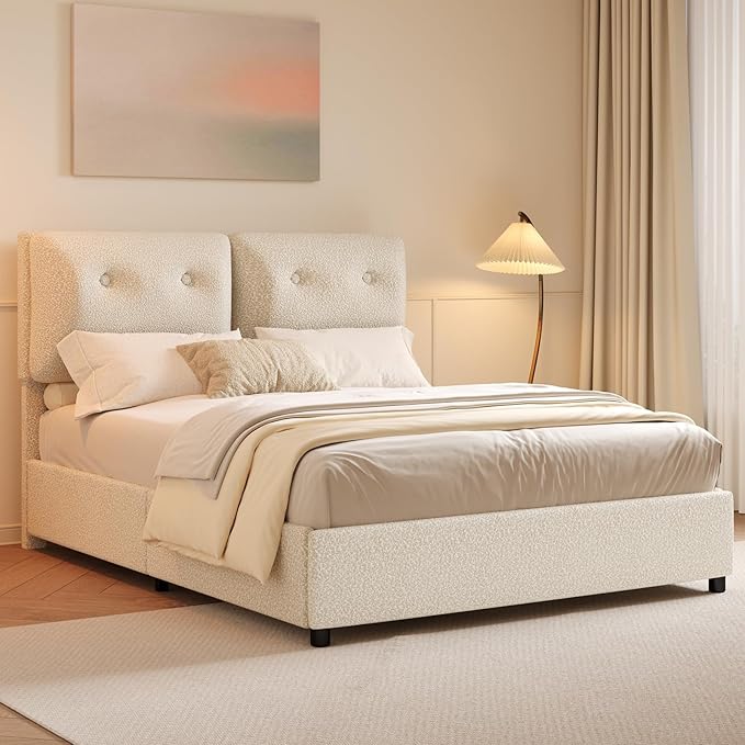 Queen Bed Frame with Headboard, Cloud Boucle Upholstered Bed Frame, Modern Soft Style, Adjustable Headboard, No Box Spring Needed, Easy Assembly, Beige