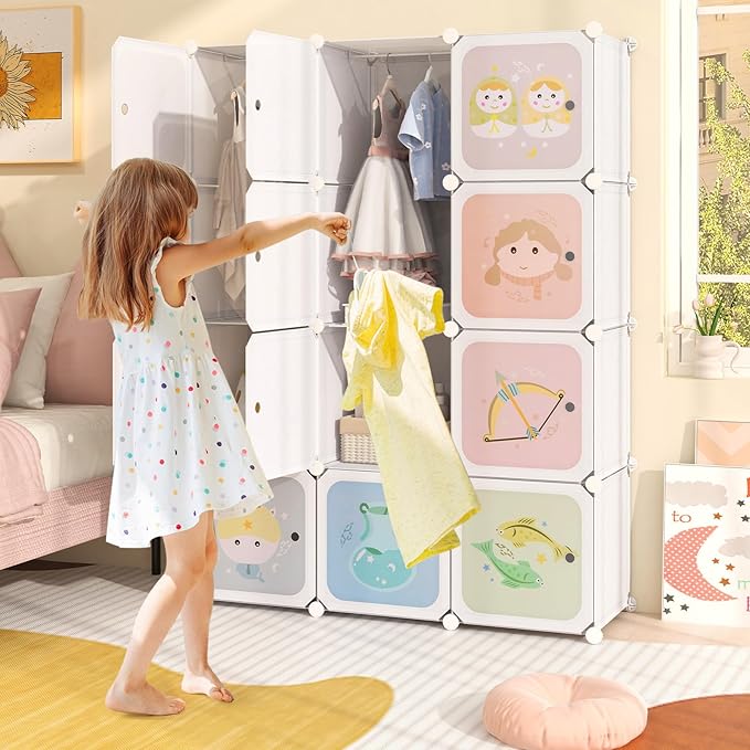 INFANS Children Wardrobe, Kid Closet Portable Baby Dresser Cute for Kids Bedroom Nursery Armoire with Doors 12 Cube 2 Hanging Sections, Kid Clothes Storage Organizer
