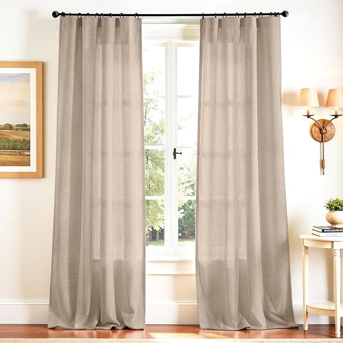 jinchan Taupe Linen Blend Curtains 120 inch Extra Long 2 Panels for Bedroom Living Room, Light Filtering 50 inch Wide Farmhouse Drapes with Rod Pocket Back Tab(50W x 120L, Taupe)