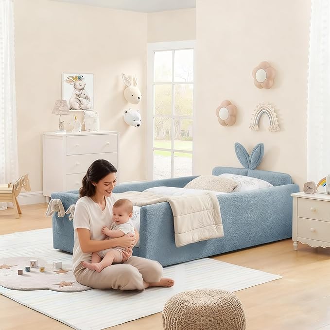 Twin Bed with Rails, Montessori Bed Frame for Toddlers, Boucle Upholstered Platform Bed with Rabbit Ear Headboard, for Kids & Teens, Blue