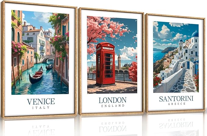 HLNIUC Italy Coast Wall Art Framed, Blue Europe Cityscape Italian Wall Decor set of 3 (24"x36"), Venice London Santorini Travel Landmark Beach Canvas Painting for Living Room, Bedroom, Office