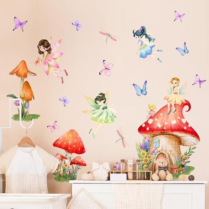 Supzone Mushroom Fairy Wall Decals for Girls Elf Flower Butterfly Dragonfly Wall Stickers Peel and Stick Vinyl Wall Art Decor for Kids Baby Nursery Bedroom Living Room