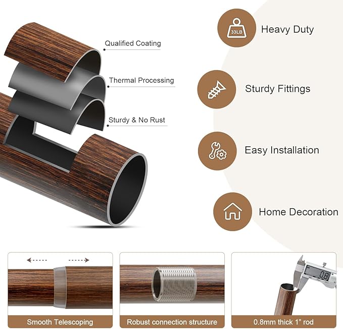 2 Pack Antique Redwood Grain Curtain Rods for Windows 48 to 84 Inches 1" Diameter Heavy Duty Window Curtain Rod Adjustable with Solid Finials for Living Room Bedroom Kitchen Farmhouse Outdoor