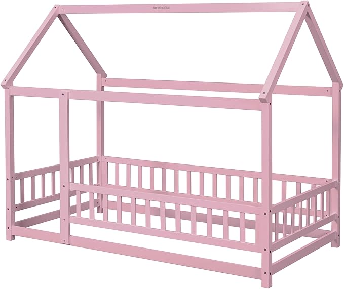 Twin Size House Bed Frame for Kids,Wooden Montessori Floor Bed with Fence and Roof,Floor Bed Frame Twin Size for Girls,Boys(Twin,Pink)