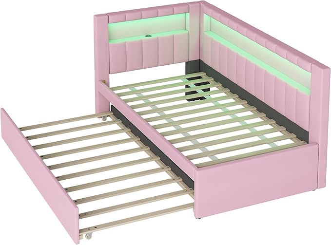 Twin Size Daybed with Trundle and L-Shaped Bookshelf Headboard, Linen Upholstered Soft Corner Bed with Storage Shelves, Charging Station and LED Belt for Kids Boys Girls, Pink