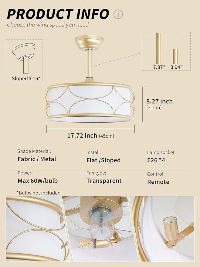 18" Gold Fandelier Ceiling Fan with Light, Fabric Boho Chandelier Ceiling Fans with Lights Remote Control, Mid-Century Modern Caged with 6 Speeds for Bedroom, Nursery (FS-BG02)
