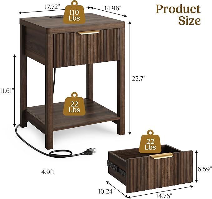 Lulive Night Stand Set 2, Fluted Nightstand with Charging Station, Wood Modern Bedside End Table with Storage Drawer for Bedroom, Save Space (Set of 2, Walnut)