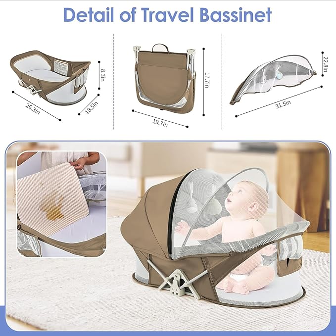Portable Baby Bassinet for Baby Travel, Baby Cribs Travel Pod for Outdoors Baby Lounger Infant Travel Bed with Mosquito Net and Sunshade Canopy, Lightweight Washable (Brown)