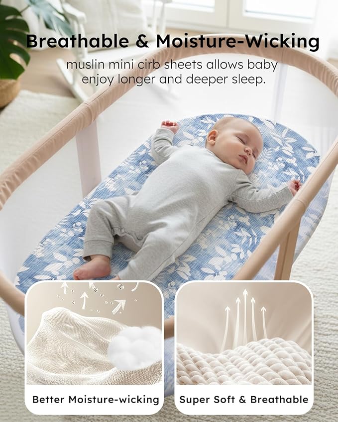 Yoofoss Muslin Baby Bassinet Sheets Boys Girls, Organic Fitted Bassinet Mattress Sheets Compatible with Halo Bassinest Swivel Sleeper,Baby Delight, Angelbliss, Soft, Breathable, Durable