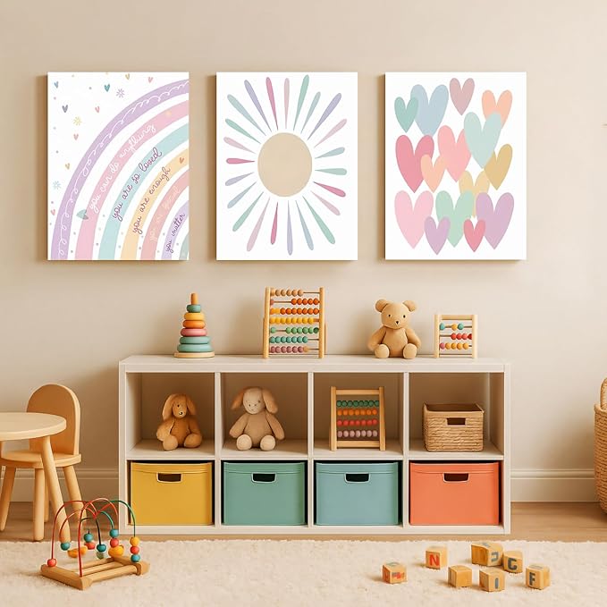LLEEMPI Framed Pink Heart Sun Rainbow Wall Art Set of 3, Baby Room Wall Decor, Boho Rainbow Nursery Canvas Painting, Classic Minimalist Poster Prints for Bedroom Bathroom Classroom 12x16 Inch