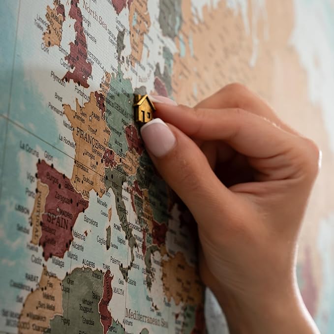 Canvas World Map with Cork Pin Board - English Lettering - Decorative Wall Decoration for All Rooms - Canvas Pictures with World Map Motif (150x100 cm, Pattern 11)