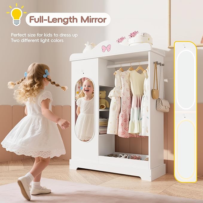 Kids Armoire with Jewelry Cabinet, Kids Dress Up Storage with Shelves, Girls Wardrode Costume Organizer with Full Length Mirror, Children Closet with Armoire for Bedroom, Kids Room, Girls
