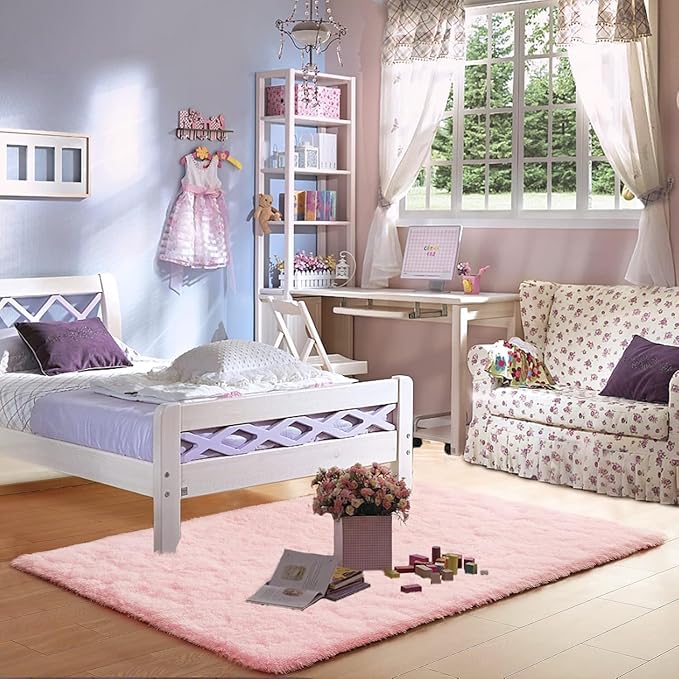 Merelax Soft Modern Indoor Large Shaggy Rug for Livingroom Bedroom Dorm Kids Room Home Decorative, Non-Slip Plush Fluffy Furry Fur Area Rugs Comfy Nursery Accent Floor Carpet 6x9 Feet, Pink
