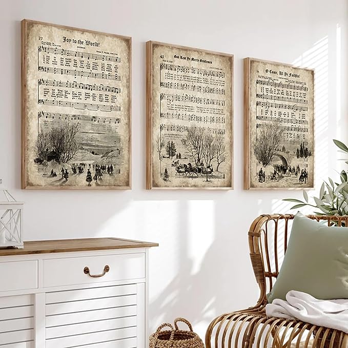 LUHDFYS Vintage Christmas Carol Sheet Music Wall Art,Aged Antique Grunge Style Canvas Print,Religious Hymn Poster,Unframed Home Decor
