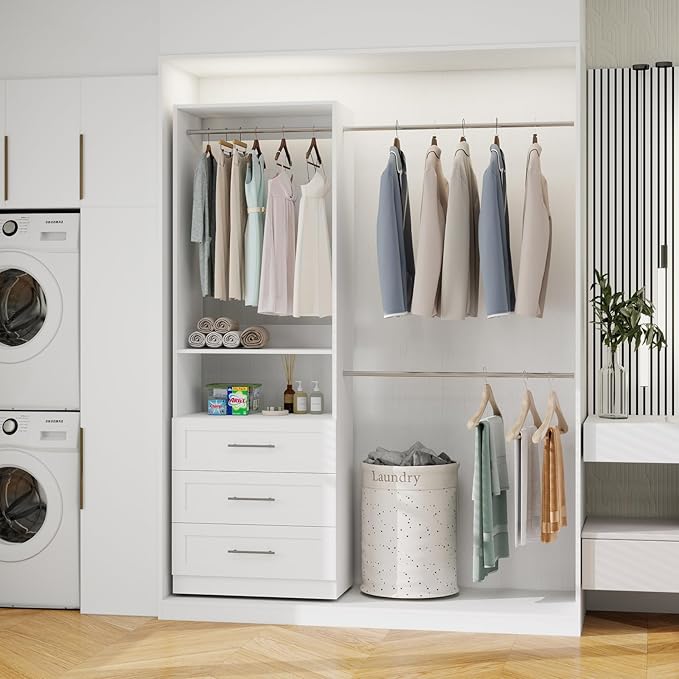 4–8FT Closet System with 3 Wood Drawers, Closet Organizer System with 5 Stainless Steel Rods, Modular Walk-in Closet System with Shelves, Wall Mounted Built-in Closet Organization System