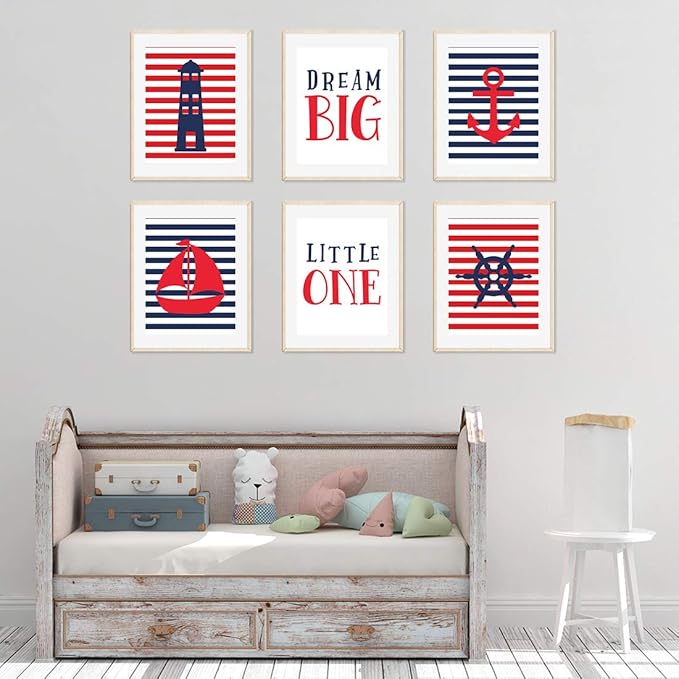 Andaz Press Ocean Nautical Sailor Theme Nursery Kids Bedroom Hanging Wall Art Decor, 8.5x11-inch, Red Blue Stripes, Boat, Anchor, Lighthouse, Whale, 6-Pack, Unframed Room Poster
