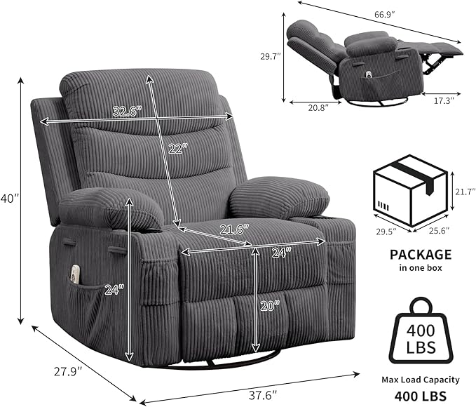 Recliner Chair Nursery, Oversized Manual Reclining Rocking Chair, Corduroy 360 Swivel Glider with Cup Holder, Massage and Heat Recliner, Small Sofa Chairs for Adults, Living Room, RV, Bedroom, Gray
