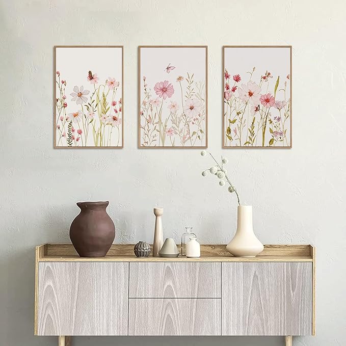 MTFBWY 3Pcs Framed Wildflower Canvas Wall Art – Pink Floral Wall Art Watercolor Prints, Pink Botanical Artwork, Colorful Flower Pictures Decor Printing for Living Room, Girls Bedroom, or Bathroom 16L" x 12W"