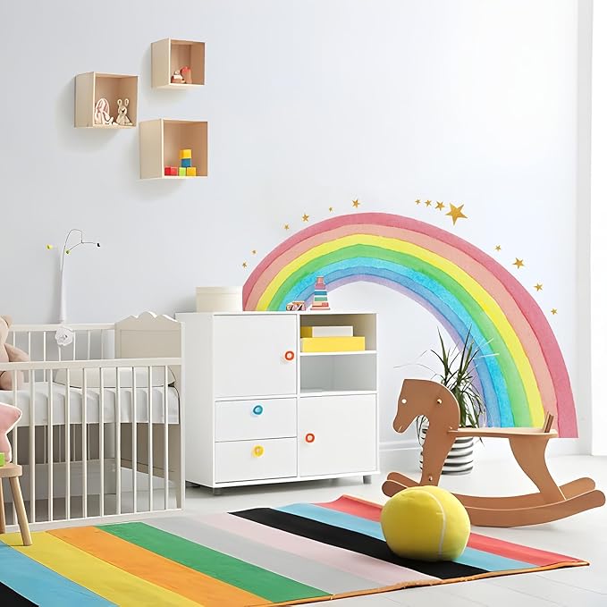 Large Watercolor Rainbow Wall Decals, Colorful Nursery Wall Decor, Peel and Stick Wall Decor for Kids, Toddler Bedroom, Living Room, Playroom