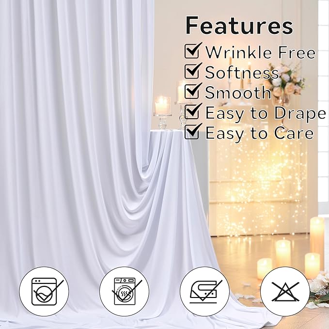 10×12ft White Wrinkle Free Backdrop Curtain, Soft Silky Easy to Drape Wedding Drapes for Backdrop, 2 Panels 12 ft Long Backdrop Curtains for Parties Birthday Baby Shower Photo Photography Background
