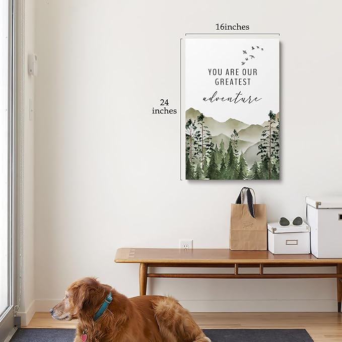 XWELLDAN You are Our Greatest Adventure Woodland Nursery Inspirational Wall Art Canvas Prints,Watercolor Forest Mountain Adventure Wall Art Decor for Kids Baby Bedroom Nursery, 16 x 24 Inch, Framed