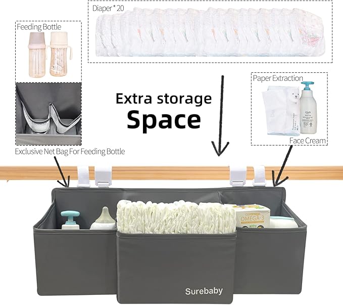 Hanging Baby Diaper Caddy, 3-in-1 Diaper Caddy Organizer Holder For Baby Crib, Nursery Organization Diaper Stacker Storage For Crib, Changing Table-Grey