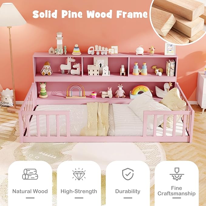 KOMFOTT Twin Floor Bed with Bookcase & Shelves, Wood Bed Frame with Bedside Bookshelves & Guardrails, Versatile 2-in-1 Montessori Floor Bed for Kids (Twin,Pink)