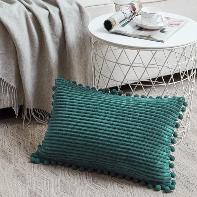 Fancy Homi Pack of 2 Teal Decorative Throw Pillow Covers 12x24 Inch with Pom-poms for Living Room Couch Sofa Bedroom, Soft Corduroy Solid Lumbar Cushion Case 30x60 cm, Rustic Farmhouse Home Decor