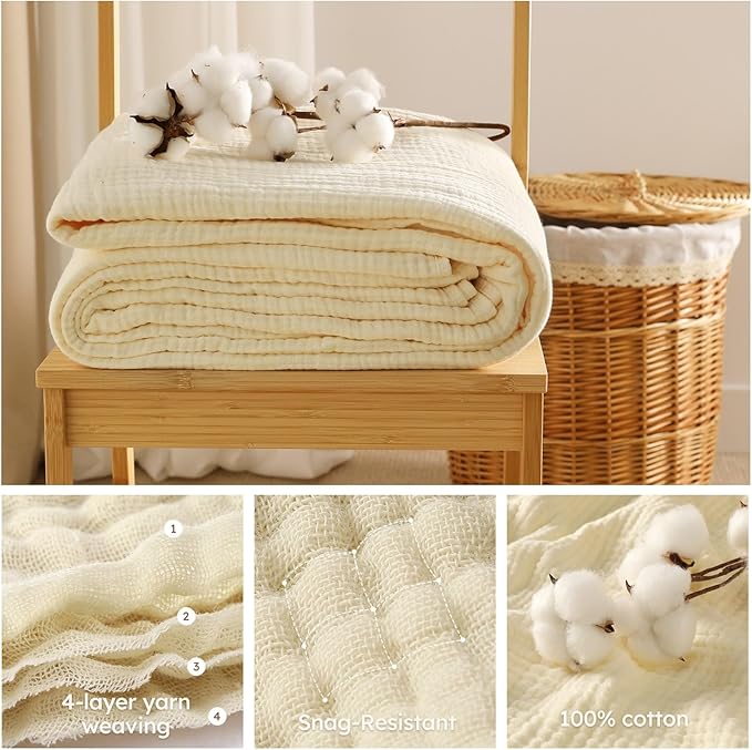 100% Cotton Muslin Blanket Queen Size 90" x 90" for Bed Couch Summer Gauze Blanket for Adults Lightweight and Breathable Apricot