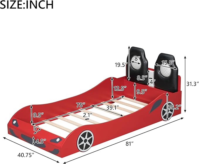 Merax Twin Size Race Car Bed with LED and Upholstered Backrest Headboard, PU Car-Shaped Platform Bedframe with Wheels and Guardrails, Wood Slat Support, No Box Spring Needed