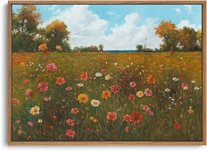 OIQArtOIQ Vintage Landscape Framed Wall Art Fall Countryside Colorful Wildflower Field Canvas Art Prints Farmhouse Cottagecore Pictures Wall Decor Rustic Meadow Paintings Artwork For Kitchen Bedroom