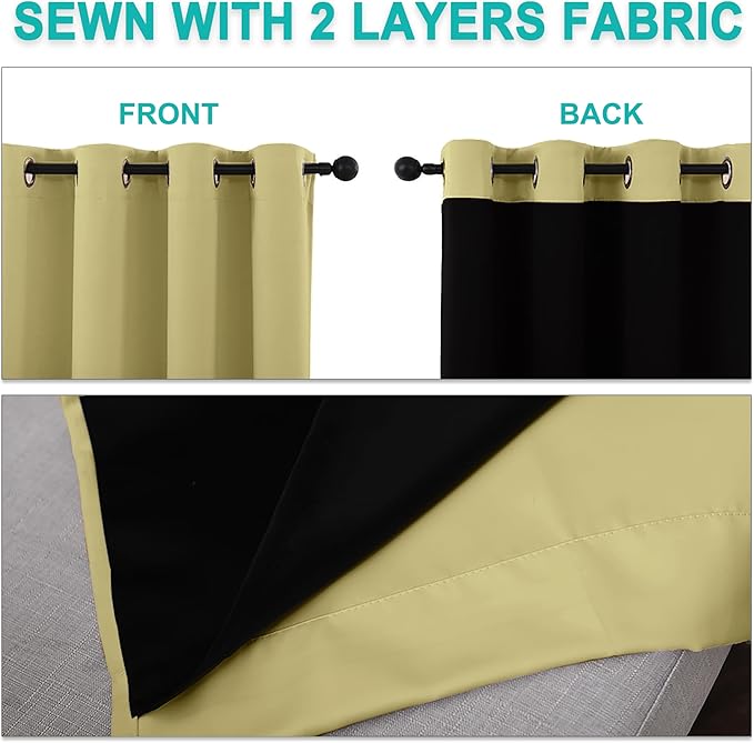 NICETOWN Total Shade Curtains and Draperies, Heavy-Duty Full Light Shading Drapes with Black Liner Backing for Villa/Hall/Dorm Window(Paler Yellow, Package of 2 Panels, 52 inches Wide x 95 inches Long