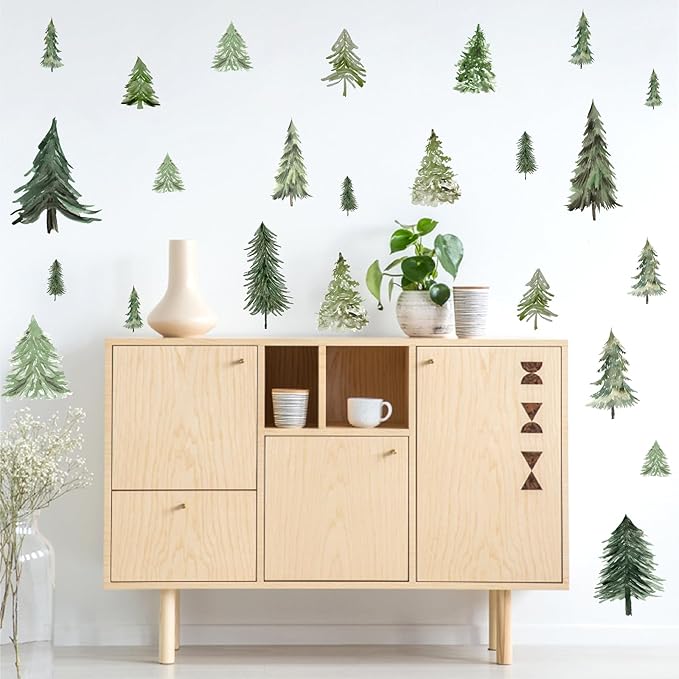 Watercolor Tree Wall Stickers Small Pine Tree Wall Decal Green Trees Wall Window Stickers Removable Forest Trees Decals Peel and Stick Small Tree Wall Decals for Bedroom Living Room