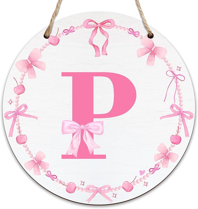 Monogram Round Sign For Front Door, Cherry Bow Theme Sign For Porch Art Wall Door, Initial Signs Hanging Ornament For Indoor Outdoor, Decorations Gifts For Four Seasons Rustic Home Kitchen, P, A16