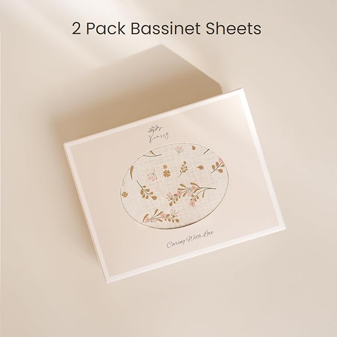 Konssy Muslin Bassinet Sheets for Baby Girl Boy, 2 Pack Soft Breathable Baby Bassinet Mattress Sheets Fit for Hourglass Oval Cradle, Moses Basket Rectangle Mattress (Floral, Pink)