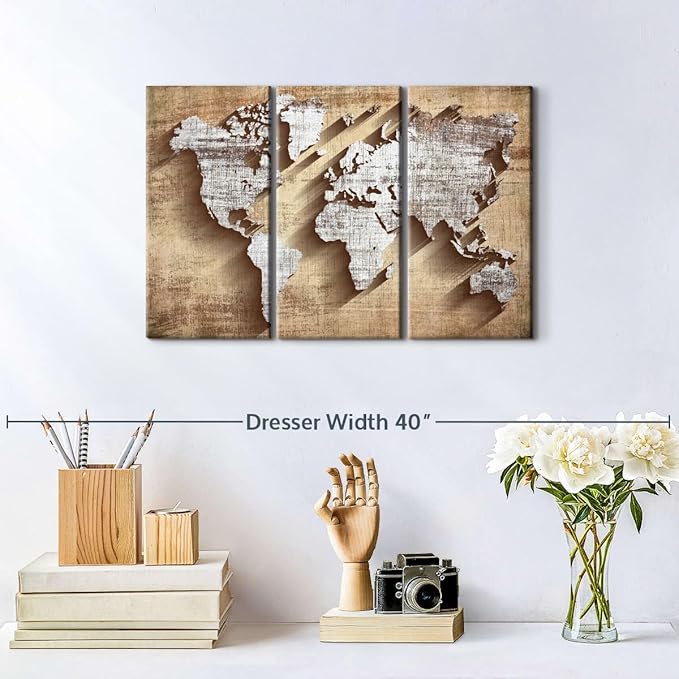 ElephantStock Dimensional World Map II Multi Piece Canvas - 3 Piece Canvas World Map Wall Decor - Wall Decor, Ready-to-Hang Print - Vintage Wall Art - 23" X 14"