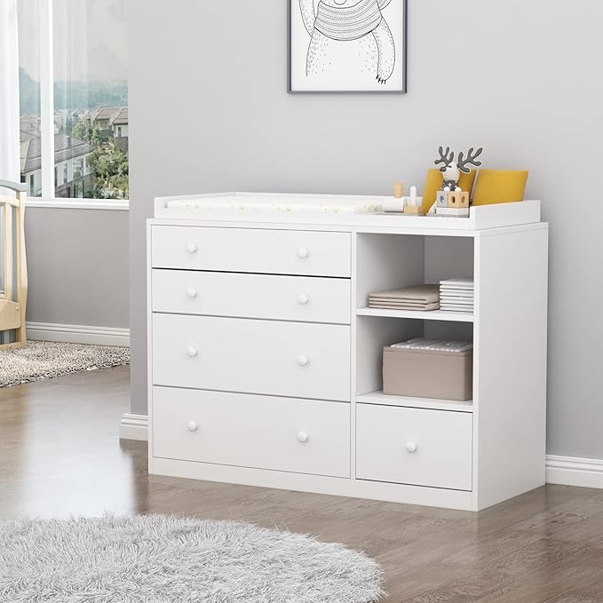 AIEGLE Baby Nursery Dresser, White Bedroom Dresser with 5 Drawers & Storage Shelves, Wood Chest of Drawers Nursery Storage Kids Organizer (47.6" L x 19.7" W x 36.1" H)