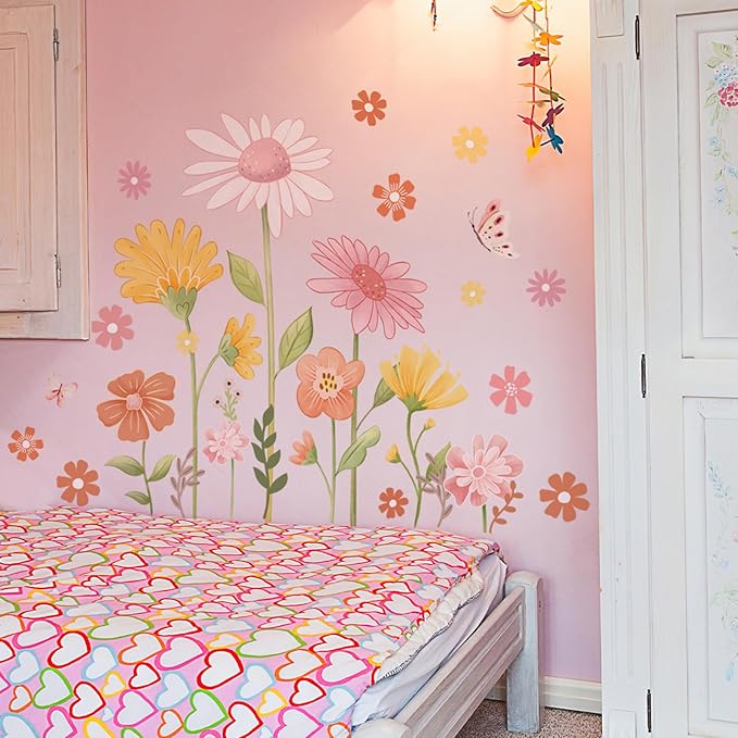 Boho Flower Wall Stickers - Daisy Wildflower Wall Decals with Butterfly Floral Design for Girls Bedroom, Baby Nursery, Kids Room