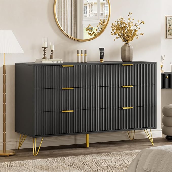 LYNSOM Fluted Dresser for Bedroom, Black 6 Drawer Dresser with Gold Handles and Wide Drawers, Wood Chest of Drawers for Bedroom, Hallway
