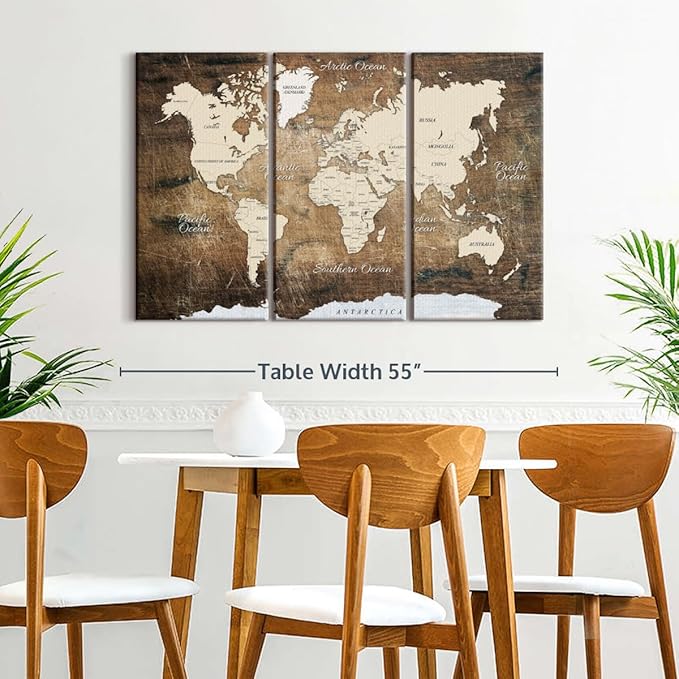 ElephantStock Aged Brown World Map I Wall Art - 3 Piece Canvas World Map Wall Decor - Ready-to-Hang Canvas Print - Vintage Wall Art - 50" X 32"
