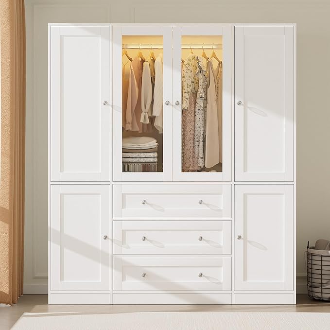 VOWNER 75" Tall Armoire Wardrobe Closet with Drawers and LED, Clothing Storage Cabinet with Glass Doors & Hanging Rod, 6 Doors Wooden Armoire Storage Cabinet for Bedroom (White)