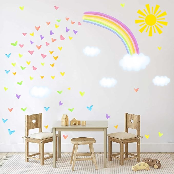 Colorful Rainbow Wall Decals Sun Cloud Wall Decals Colorful Heart Wall Stickers Watercolor Yellow Sun Decal Large Rainbow Wall Stickers for Girls Room Kids Bedroom Nursery Decor