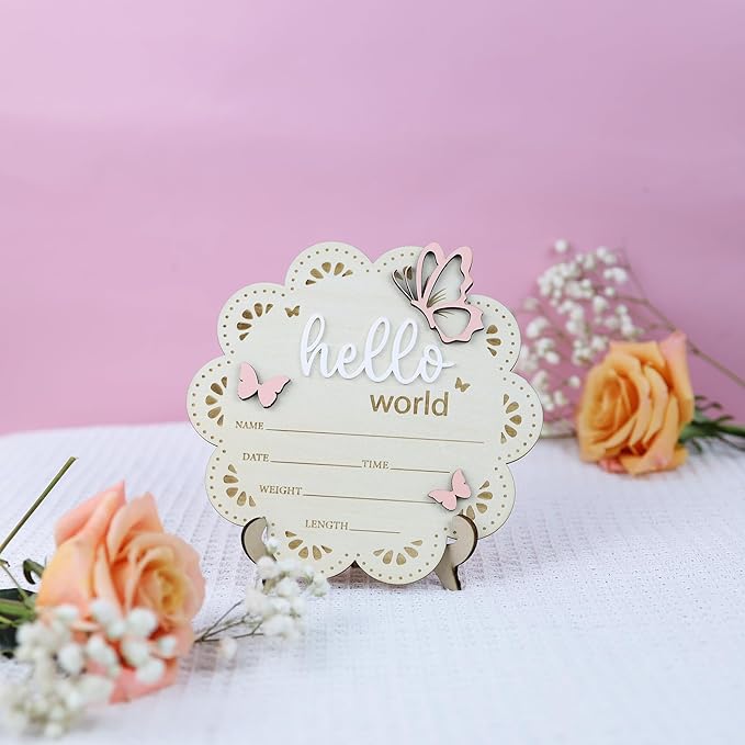 Baby Announcement Sign Butterfly, 6.5 Inch Wooden Hello World Newborn Welcome Sign Birth Baby Name Plaques for Photo Props Baby Shower Hospital Nursery BABY3