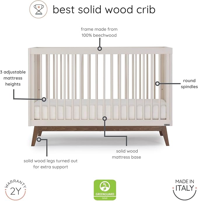 dadada Baby Soho 3 in 1 Convertible Wooden Crib to Toddler Bed - Made in Italy, GREENGUARD Gold Certified, Baby-Safe Finish, Sustainable Beech Wood, Modern Design, 3 Adjustable Heights (Almond Milk)